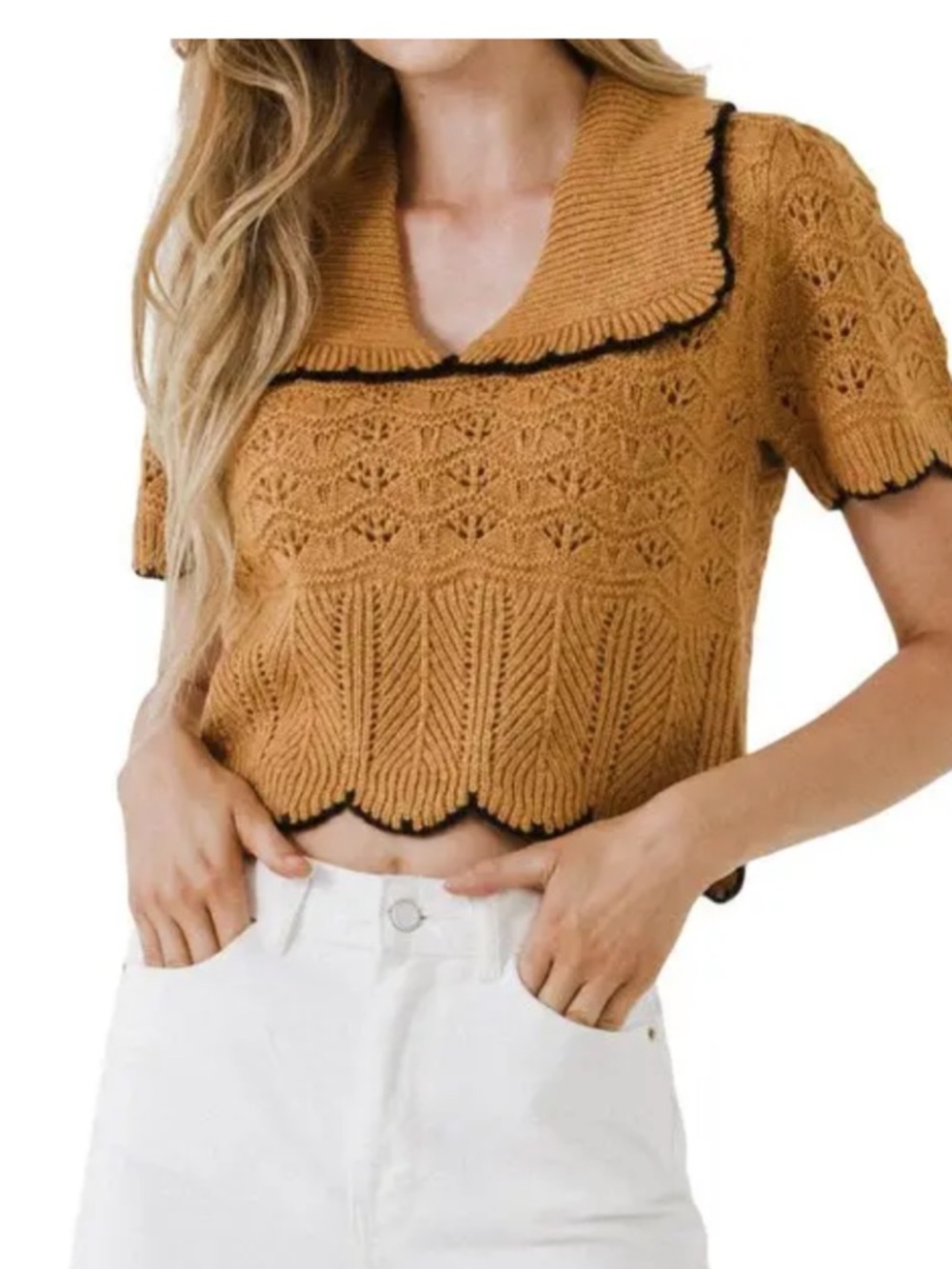 Endless Rose | Short Puff Sleeve Scalloped Knit Top Mustard